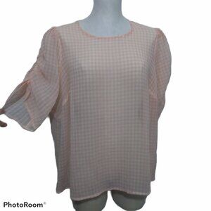 ModCloth Top‎ Gingham Check Pop Over Blouse Semi Sheer Peach Ivory Size 1X